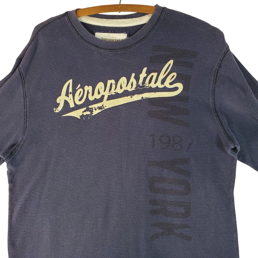 Aeropostale Mens XL Navy Blue Waffle Knit Thermal Long Sleeve Graphic Shirt